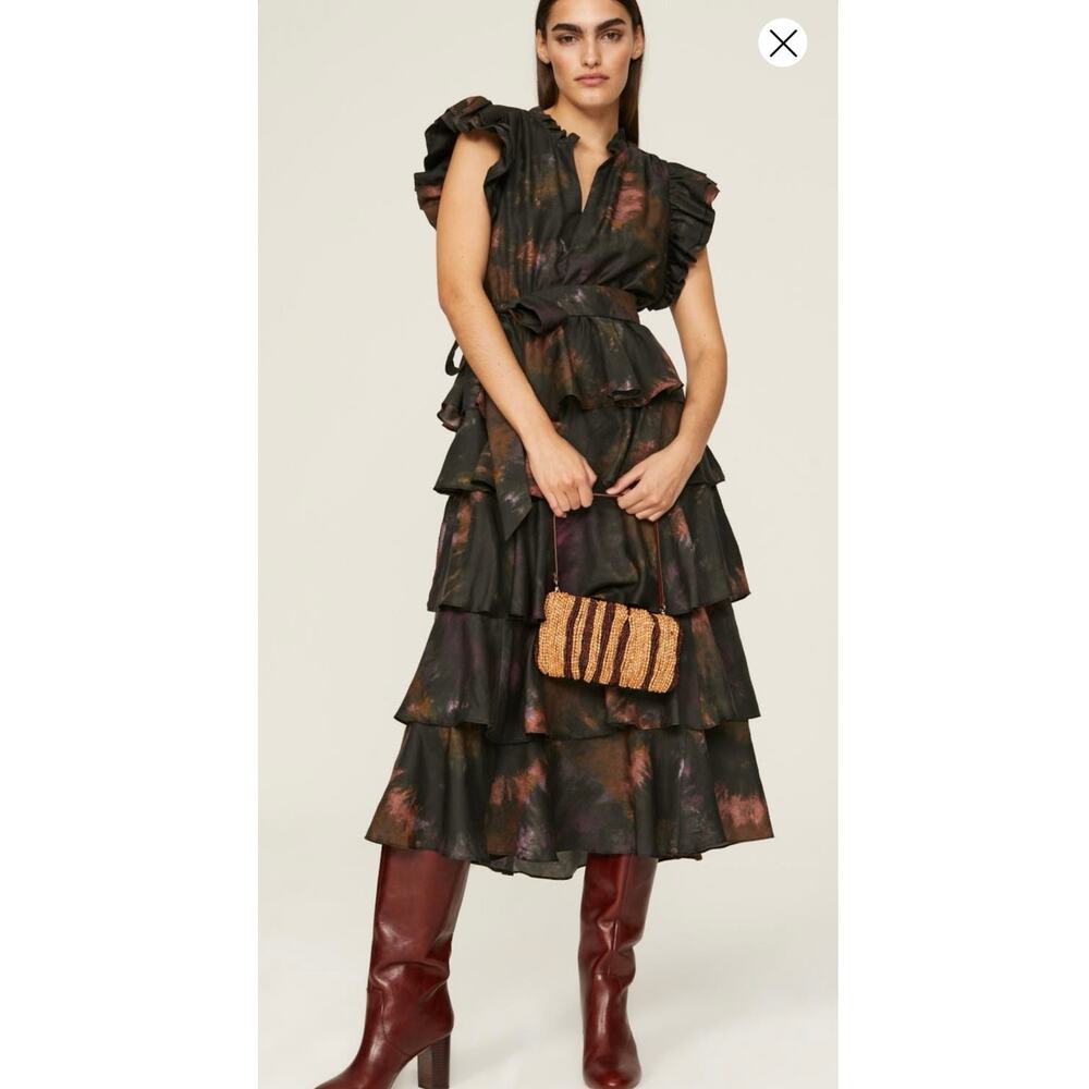 MARIE OLIVER Black Tie-dye Silk Blend Ruffled Sleeves Tiered Skirt Emery Dress L